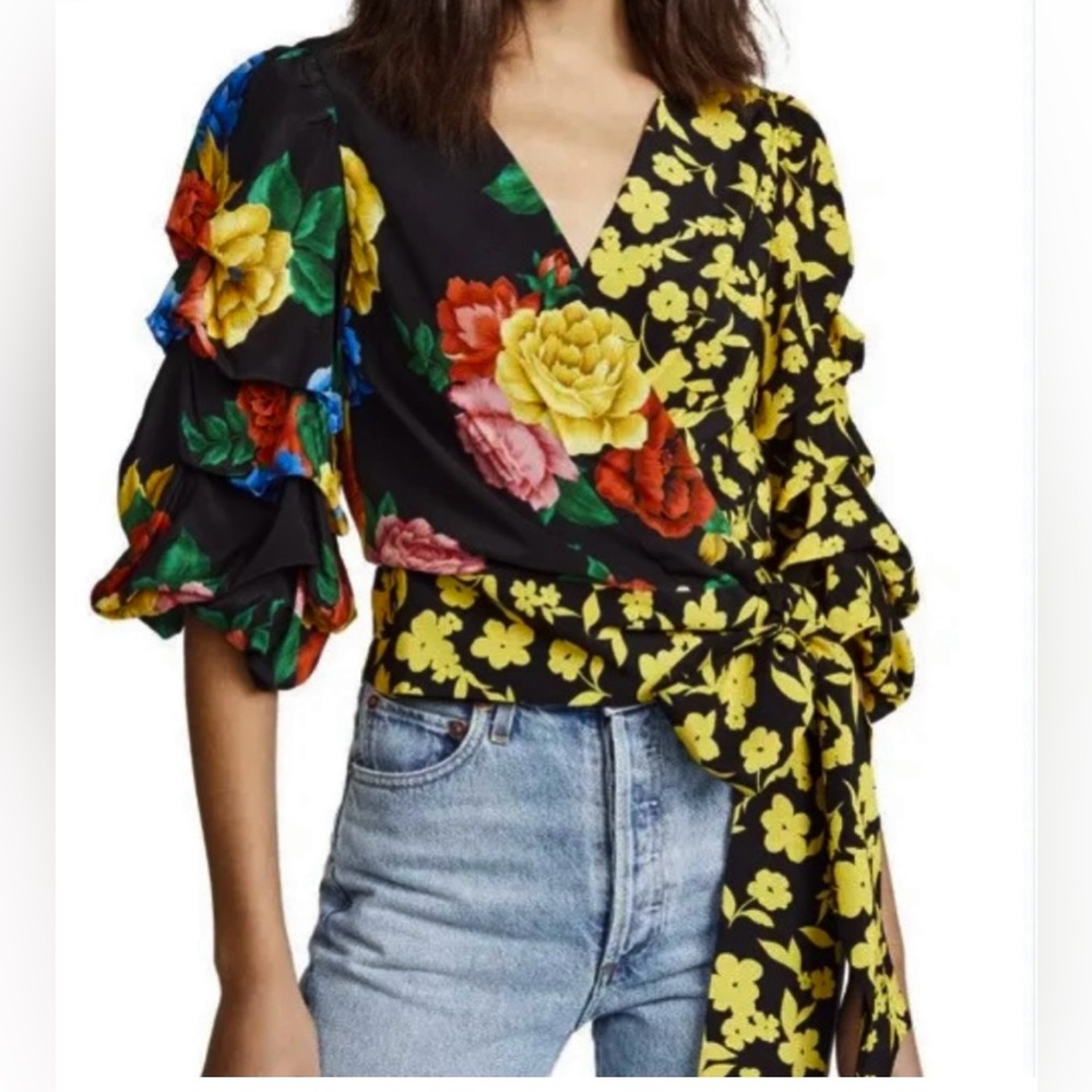 Alice + Olivia Dominica Silk Wrap Blouse, Floral, Women’s Small